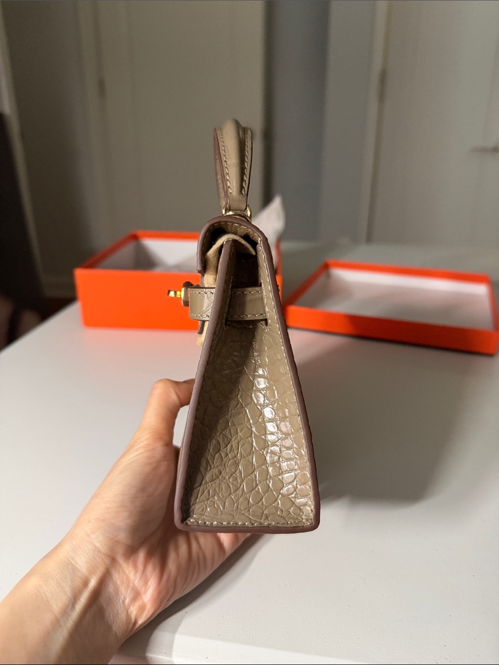 Taupe Croc-Embossed Top Handle Bag with Gold Hardware - Picture 4 of 12